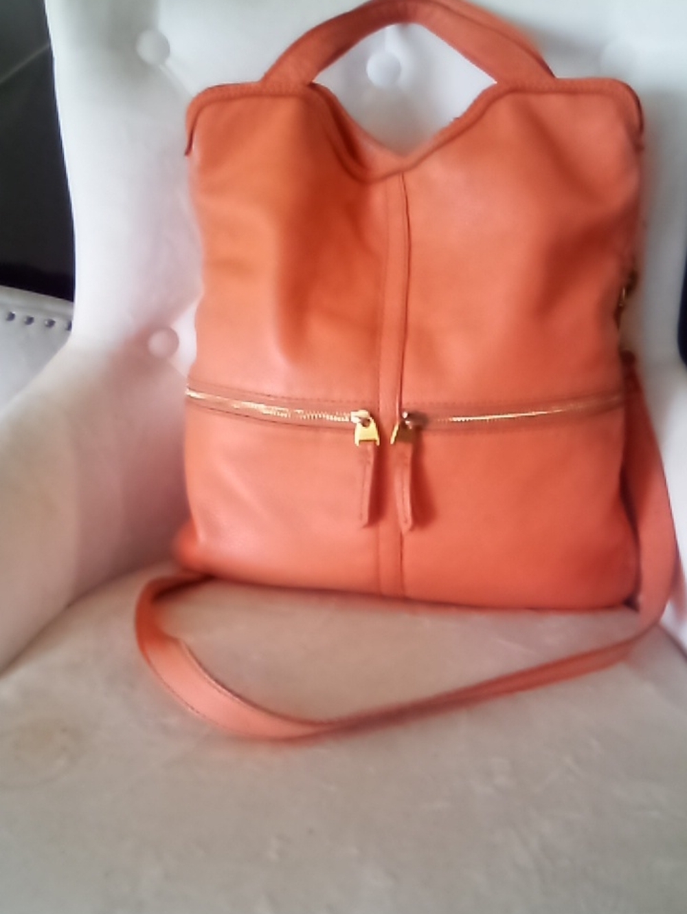 Fossil Orange Leather Shoulder Bag with Gold Zipper